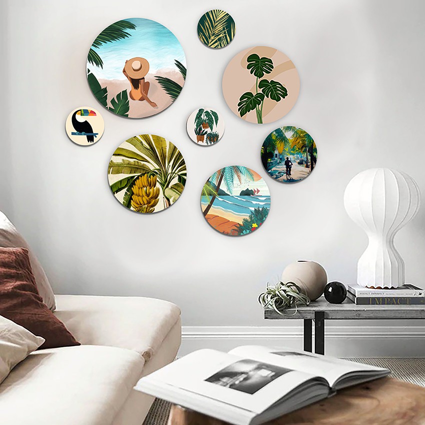 Bộ 8 tranh nhiệt đới mẫu tròn dán tường