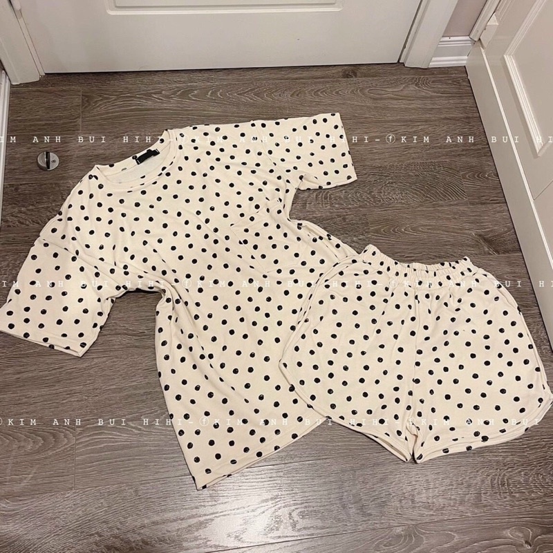 [XẢ KHO] Set mặc nhà chấm bi cộc đùi màu be chất cotton thoáng mát
