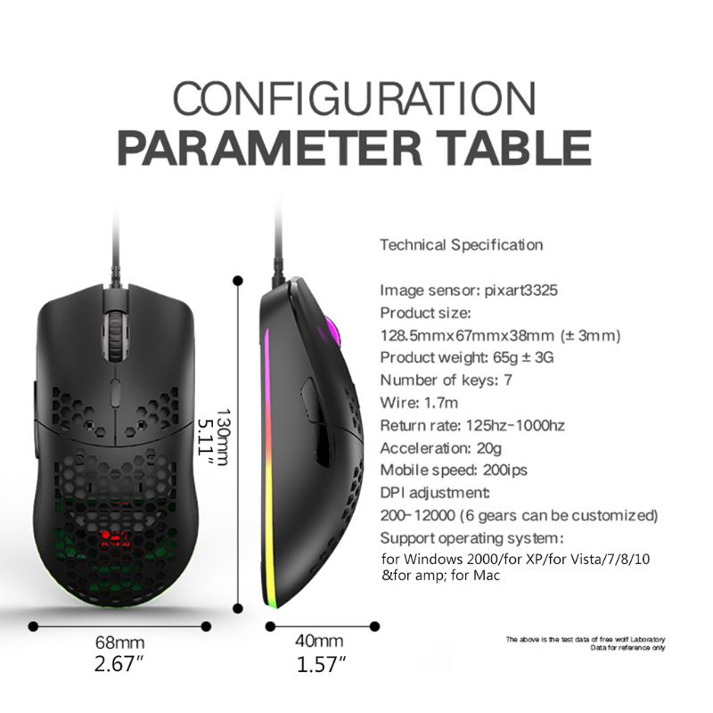 BTSG* M6 Hollow Honeycomb Style Game Mouse Lightweight RGB Wired Gaming Mice 12000DPI