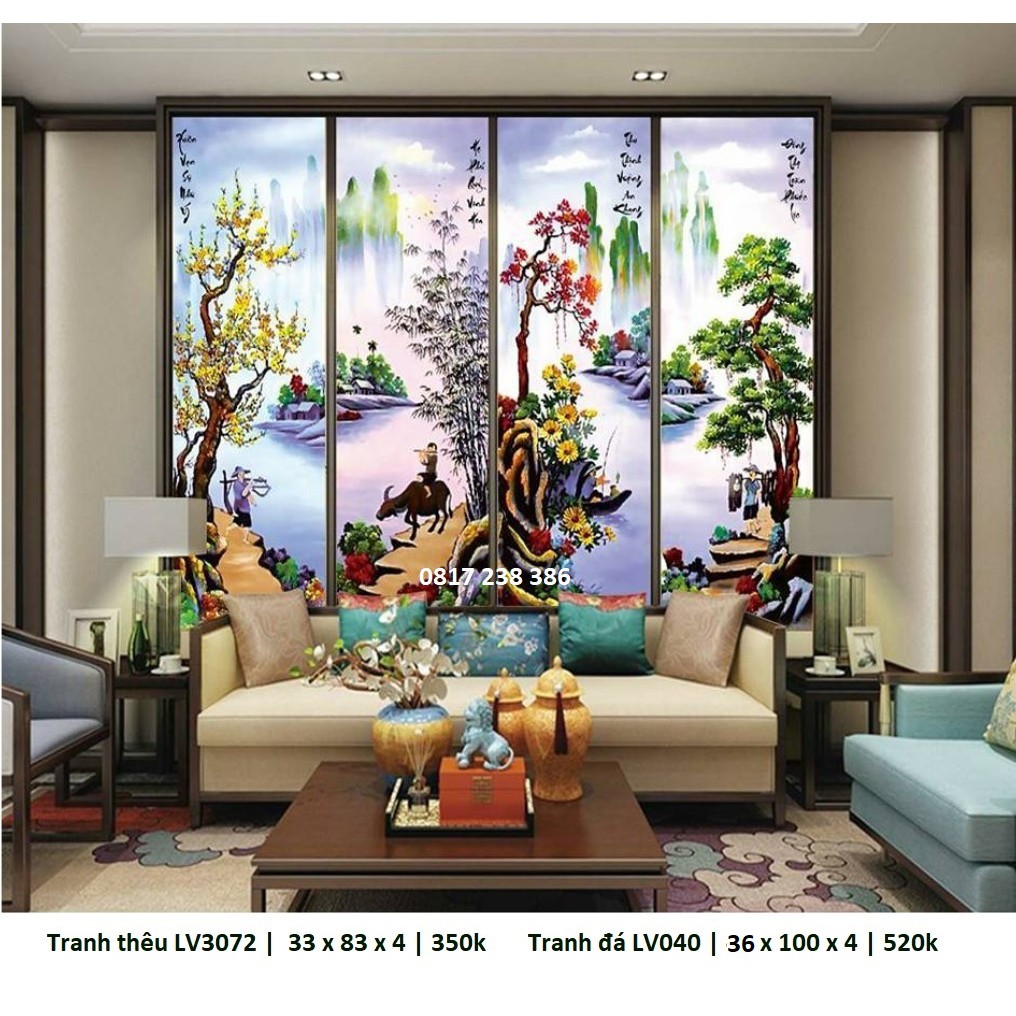 Tranh thêu chữ thập tứ quý lv3072 (33 x 83 x 4 cm). Mn0135 (35 x 100 x 4 cm)