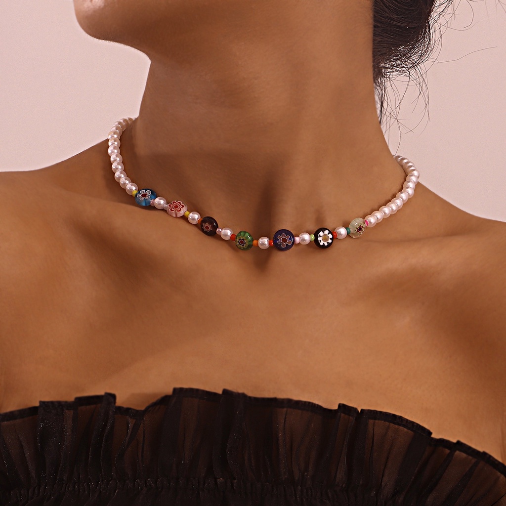 (0305) Vòng Cổ Choker Ngọc Nhân Tạo Đính Hạt Nhựa Resin Màu Sắc