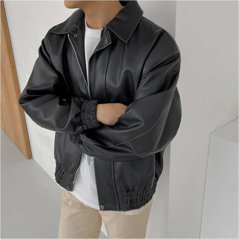 Áo khoác da nam cao cấp JKSG, jacket da PU dày dặn, áo khoác da cổ bẻ, thiết kế đường chỉ nổi form rộng thời trang