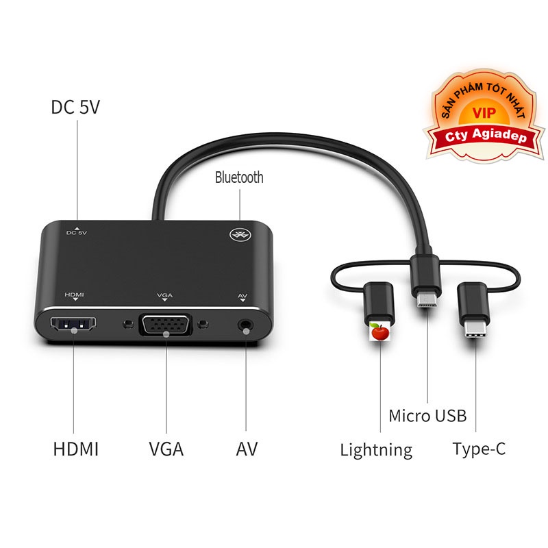 Cáp chuyển đổi tín hiệu Bluetooth-VGA kết nối mọi điện thoại 3in1 to VGA/HDMI/Audio untra HD 2k chính hãng Giormani