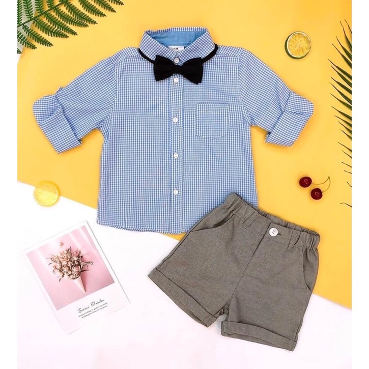 Set Hm sơ mi công tử kẻ xanh kèm nơ cho bé trai