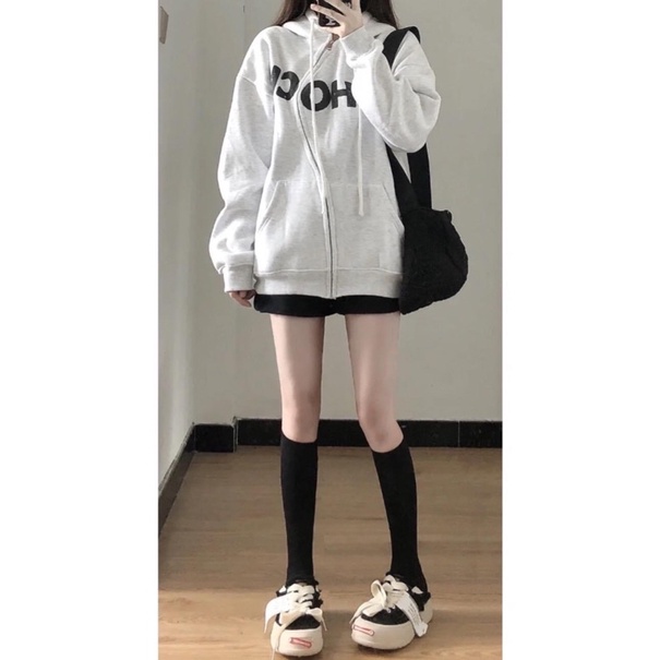 Áo Hoodie Zip Nỉ Cotton OH-OH Tay Phồng Form Rộng Thêu Chữ