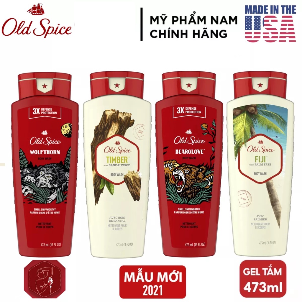 Sữa tắm nam Gel Old Spice 473ml Timber | Bearglove | Fiji | Wolfthorn | Pure Sport | Tắm gội 2in1 532ml - Mỹ