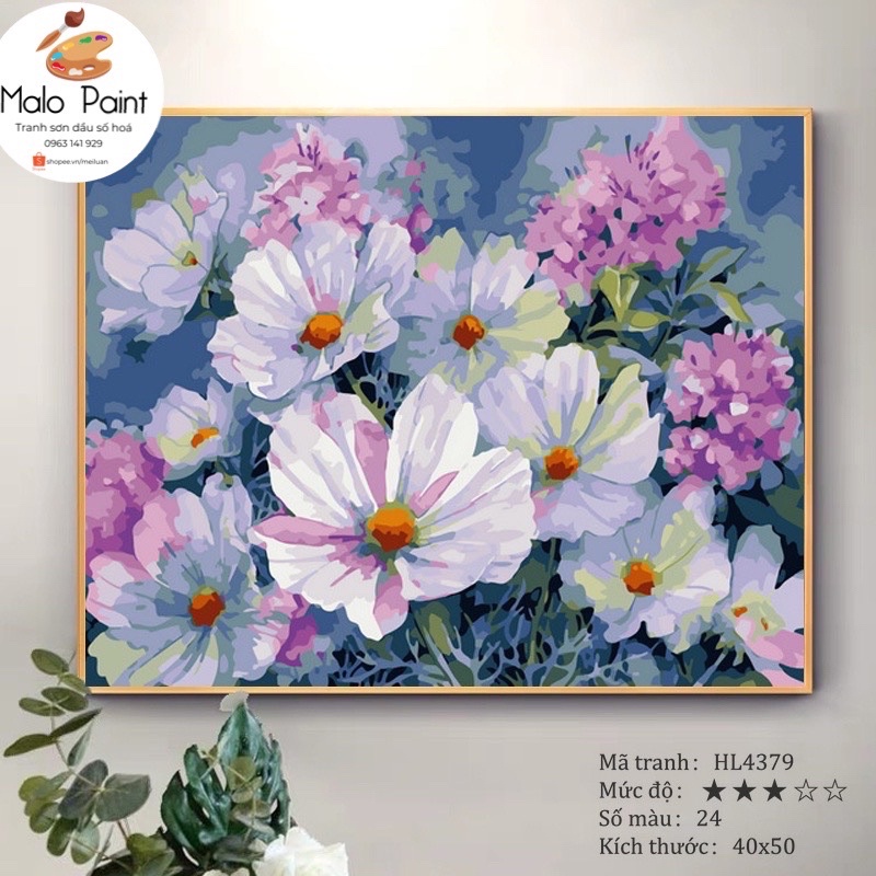Tranh sơn dầu số hoá tự tô màu Tranh vườn hoa cánh bướm và hoa cẩm tú cầu