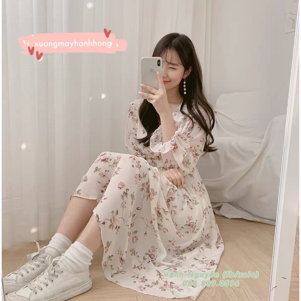 Váy hoa nhí dày tay vintage | BigBuy360 - bigbuy360.vn