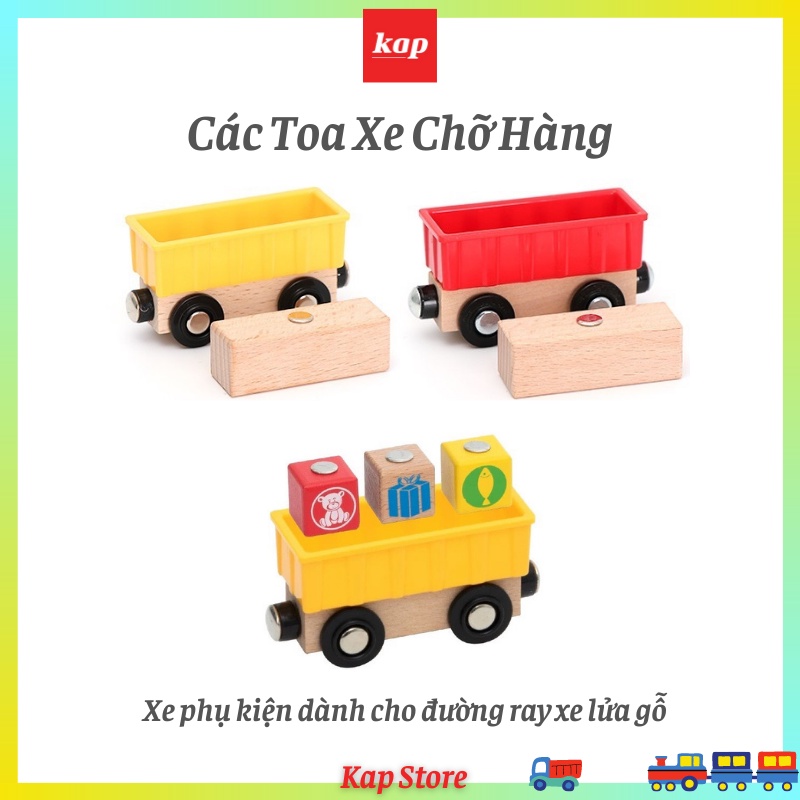 Toa xe lửa chỡ hàng, các khối gỗ hàng hóa, sản phẩm chơi cùng đường ray xe lửa gỗ