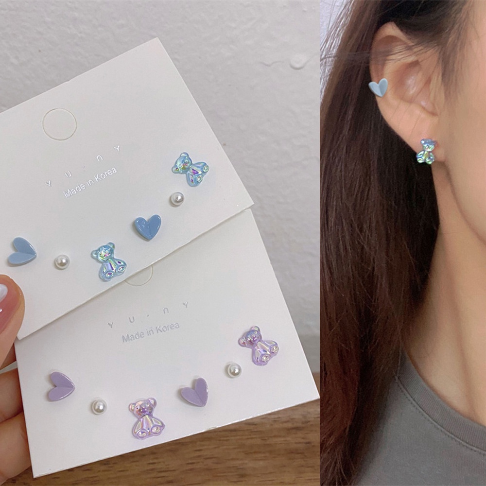 Set 3 Đôi Bông Tai Hình Gấu Và Trái Tim Đính Ngọc Trai Thời Trang Mùa Hè Đơn Giản Cho Nữ