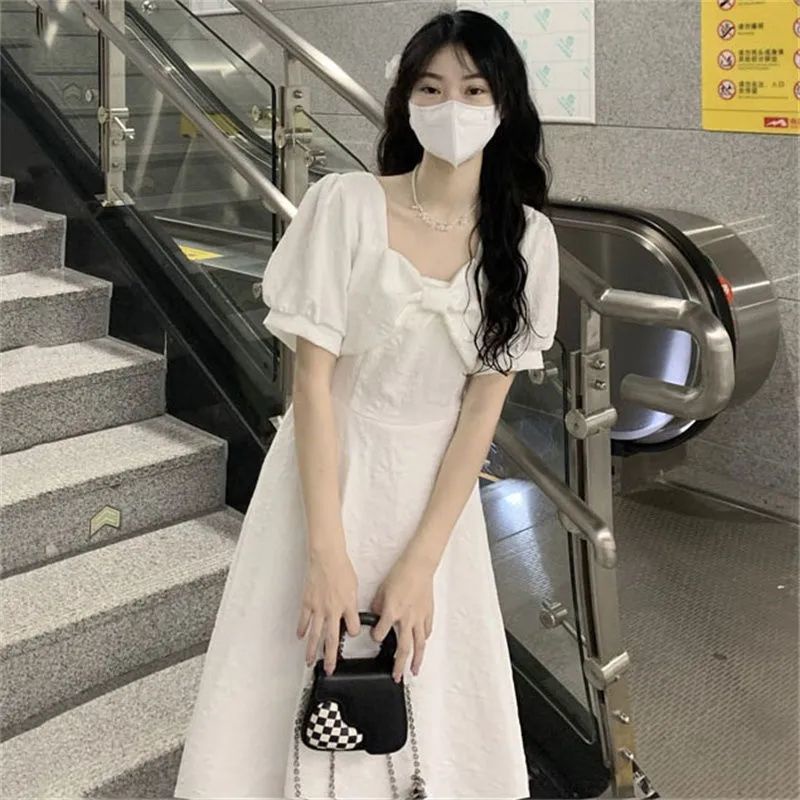 Đầm Trắng Thắt Nơ Eo Phong Cách Hàn Quốc Ngọt Ngào Thời Trang Mùa Hè Hàng Mới Dành Cho