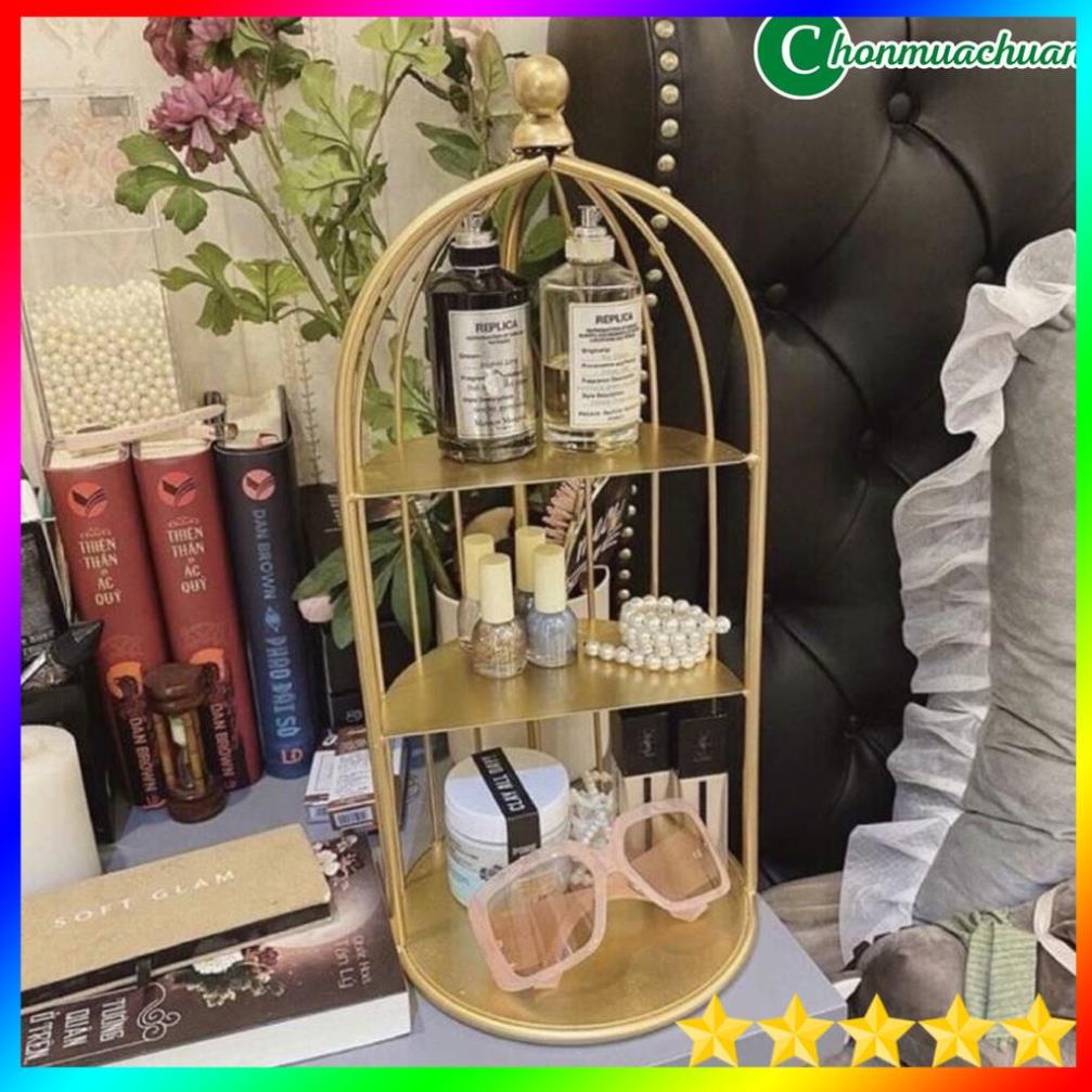 Kệ Mỹ Phẩm Lồng Chim 3 Tầng Xoay 360 độ - Khay Đựng Mỹ Phẩm Xoay Phủ Nhũ Vàng 🍄Mina Shop🍄