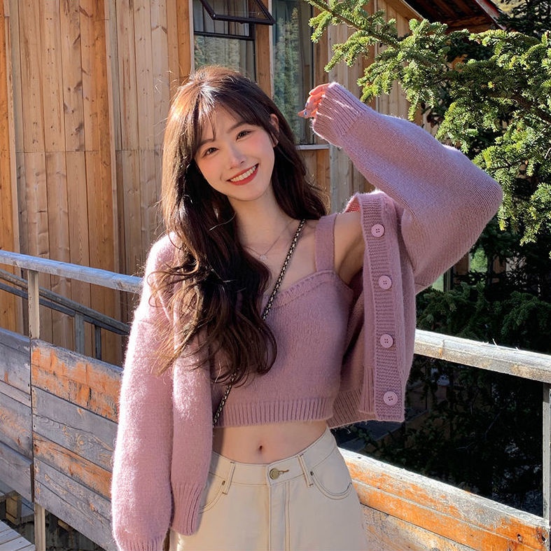 Bộ áo khoác cardigan dệt kim và áo hai dây thời trang thu đông cho nữ (có bán lẻ) | BigBuy360 - bigbuy360.vn