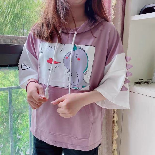 Áo thun khủng long hoodie có mũ ngắn tay