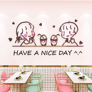 Tranh dán tường mica dán nổi - cặp đôi trà sữa trang trí quán cafe, trà sữa, đồ ăn, tiệm giải khát