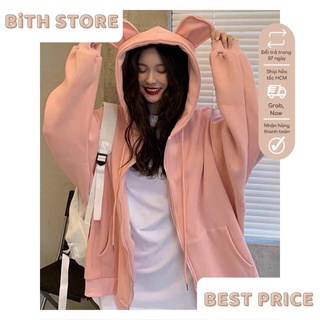 [TAI THỎ] Áo khoác nỉ nữ form rộng có mũ gắn tai thỏ trên mũ cực cute