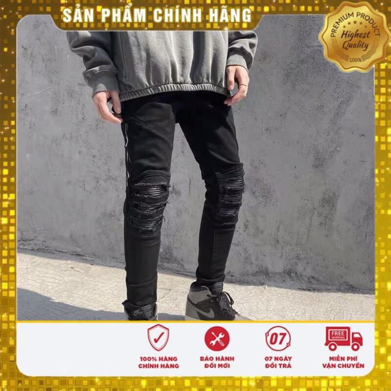 GIÁ GỐC quần jean nam rách gối phối da dây khoá kéo biker