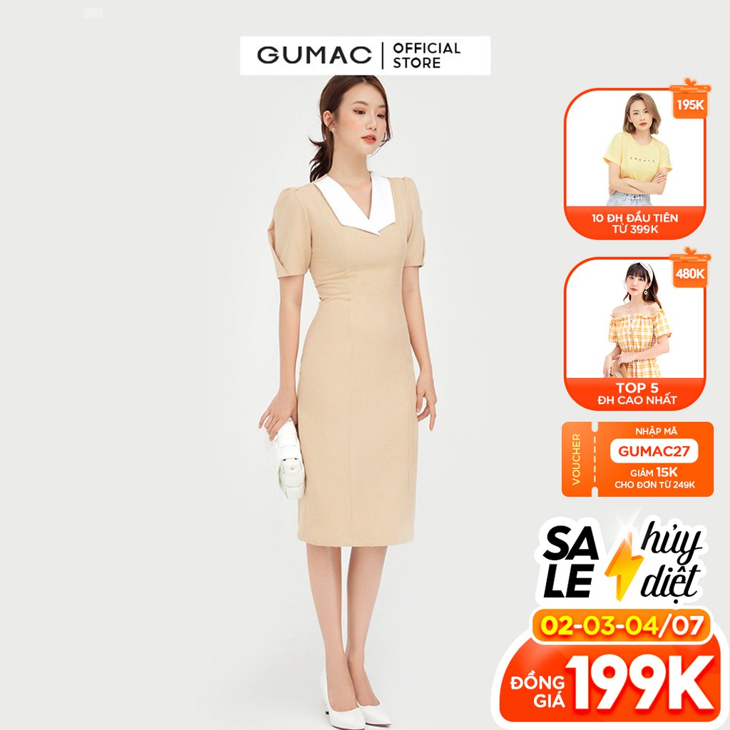 [Mã WABRGU72 giảm 10% tối đa 50k đơn 250k] Đầm ôm nữ phối cổ ly tay sang trọng GUMAC DB527