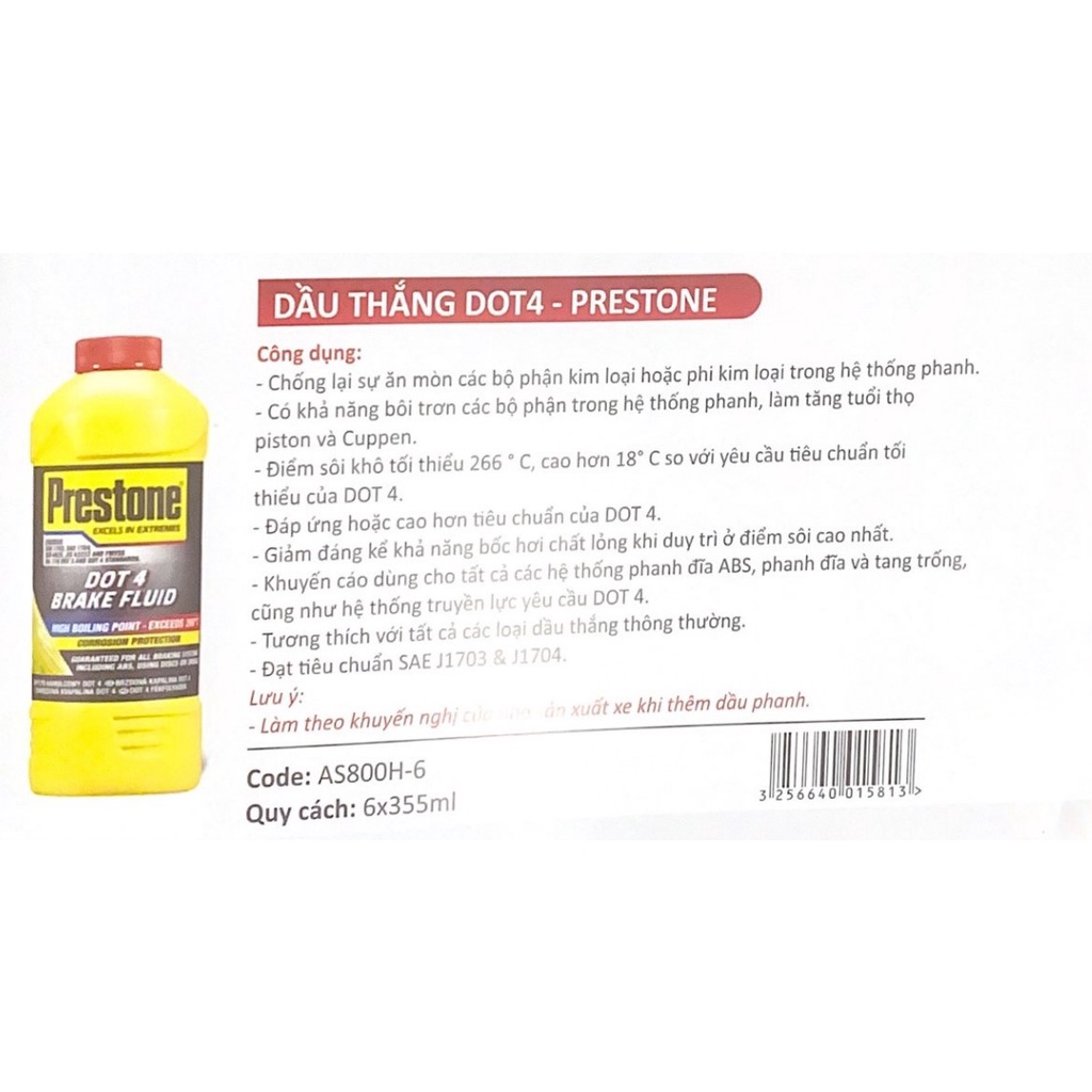Dầu thắng Cao Cấp Prestone DOT 4 Synthetic Brake Fluid 355ml