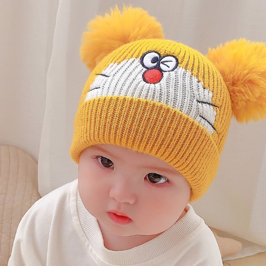 Mũ len, nón len hai quả bông hình chú mèo Doremon ấm áp, đáng yêu