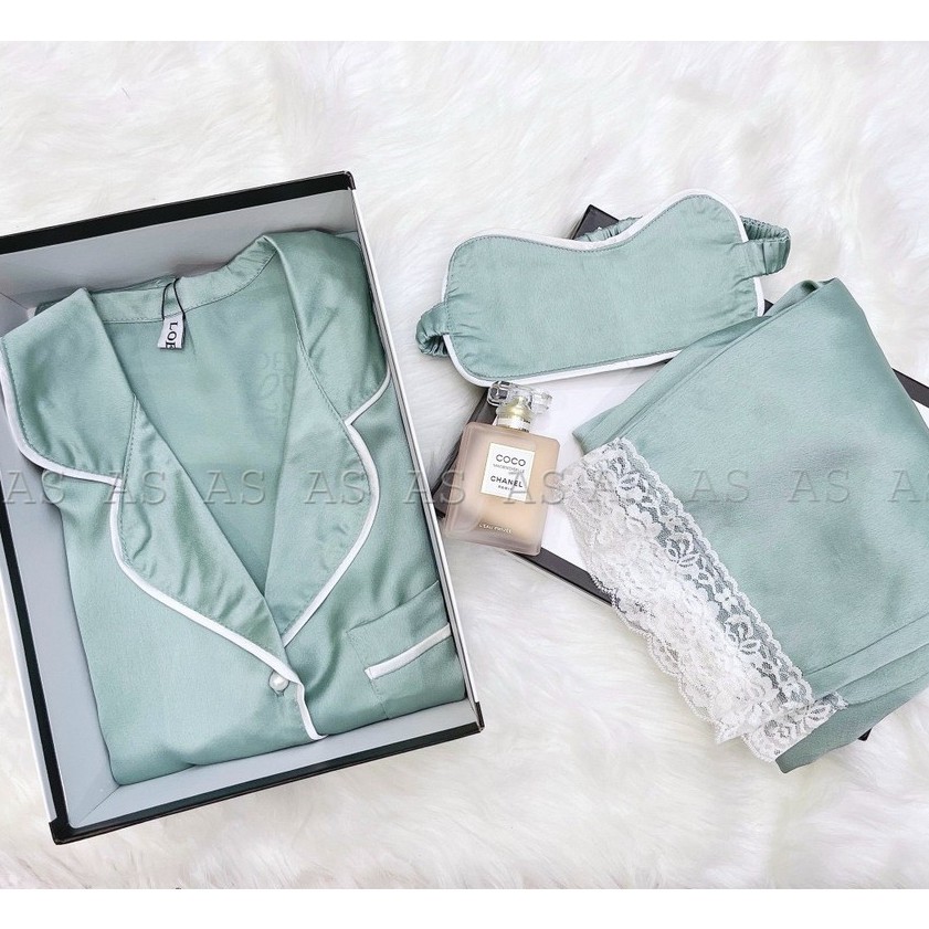 set bộ lụa pha ren gấu áo dài tay quần dài kèm bịt mắt 2 màu hồng xanh | BigBuy360 - bigbuy360.vn