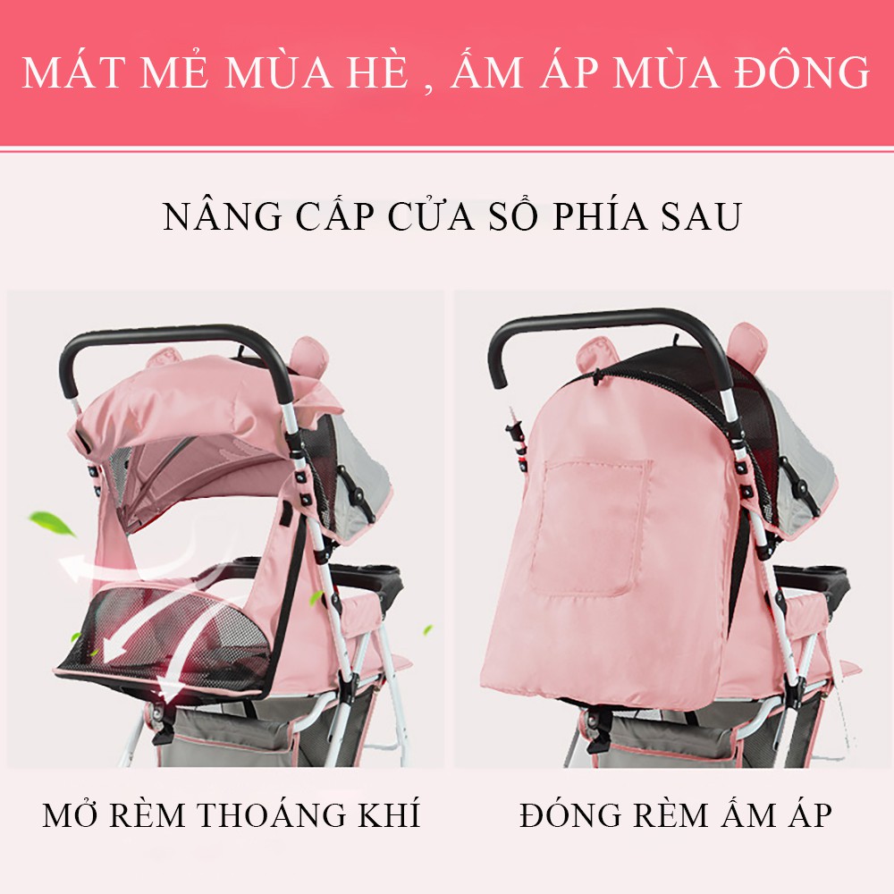 Xe đẩy em bé 2 chiều, 2 tư thế nằm ngồi, bánh xe có giảm sóc, khóa chốt tuyệt đối an toàn cho bé