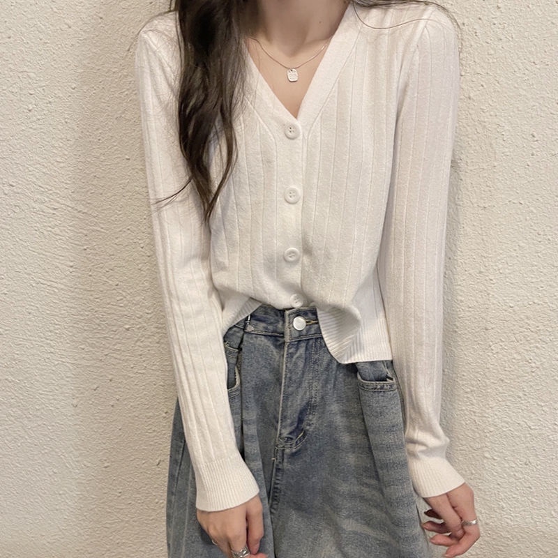 Áo Khoác Cardigan Dệt Kim Tay Dài Cổ V Kiểu Pháp Xinh Xắn Cho Nữ