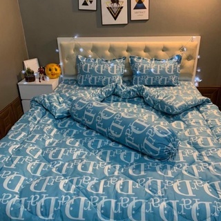 Bộ chăn phao cotton poly 5 món chăn phao dày dặn , ga gối ( mẫu dior xanh)