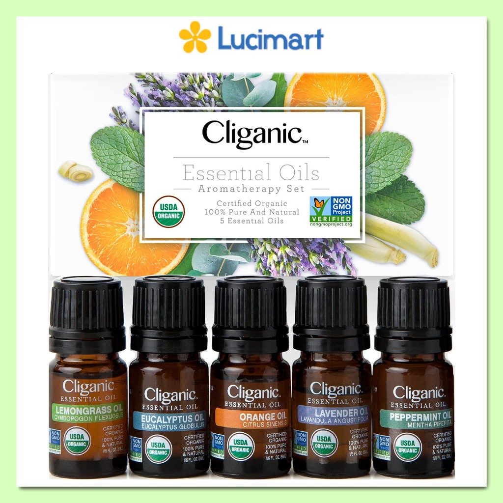 Tinh dầu hữu cơ thiên nhiên Cliganic Essential Oils Aromatherapy Set, hộp 5 chai [Hàng Mỹ]