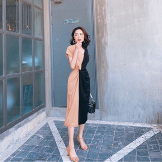 Đầm xoắn eo pha màu