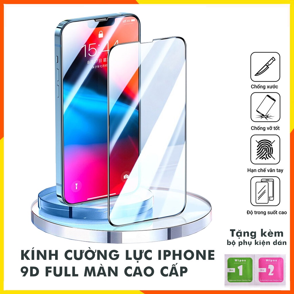 Kính cường lực iphone 15 Promax 15+ 14 Pro 13 12 mini 6s Plus 7 plus 8 Plus Xr Xs Xs max 11 Pro max Full Màn - Kính [9D]