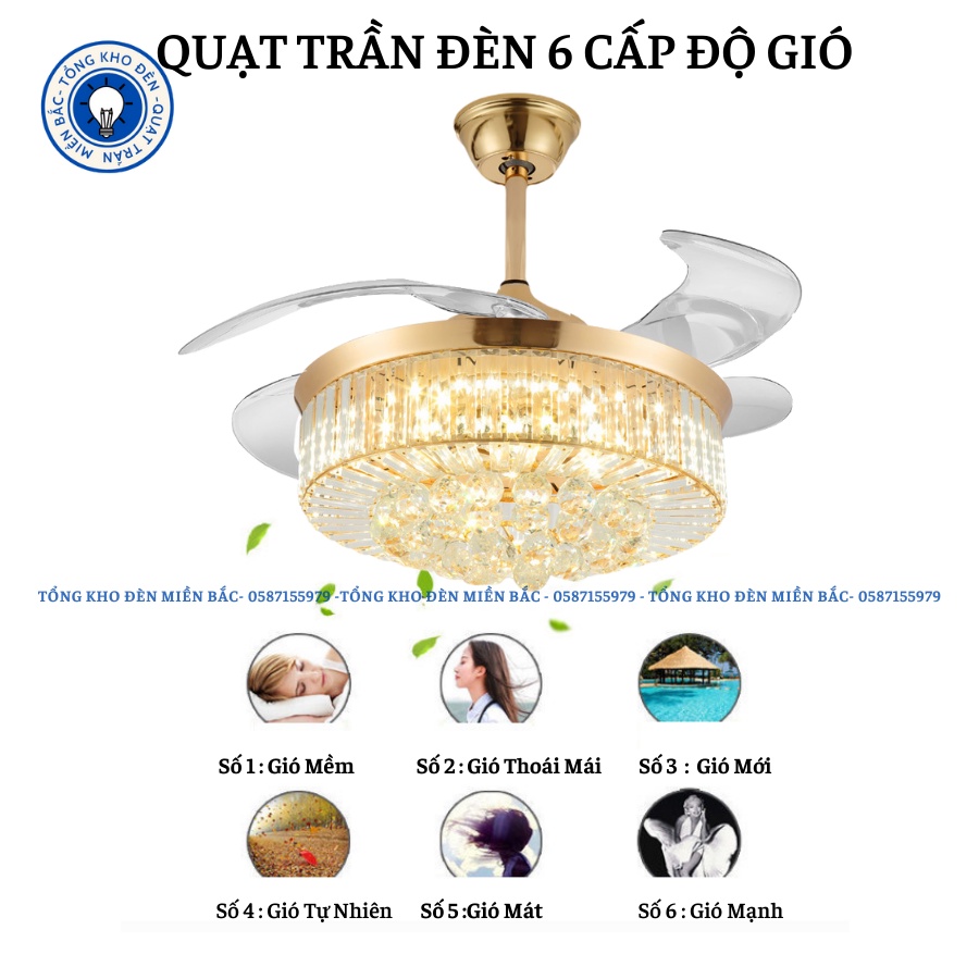 Quạt Trần Pha Lê Giấu Cánh, Quạt Trần Đèn Trang Trí Phòng Khách Bảo Hành 10 năm