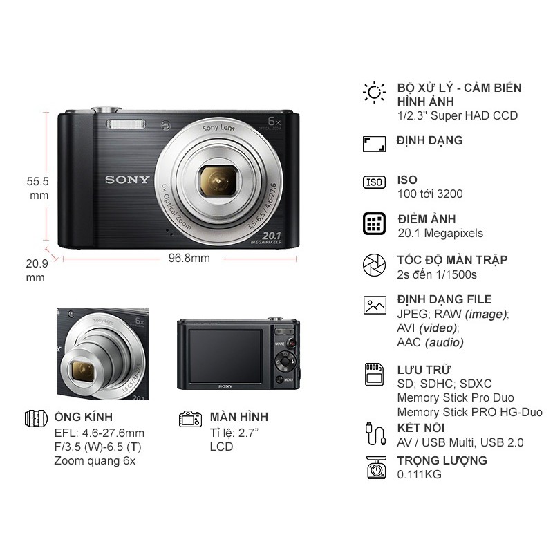 Máy ảnh nhỏ gọn Sony W810 với zoom quang học 6x