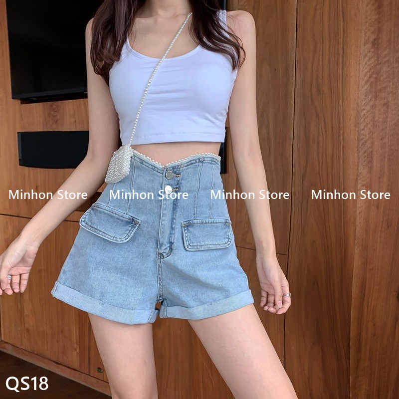[Có Sẵn - Freeship] Quần Đùi, Quần Short Bò Cạp Cao Đính Viền Ngọc Sang Chảnh (Minhon Store QS18) | BigBuy360 - bigbuy360.vn
