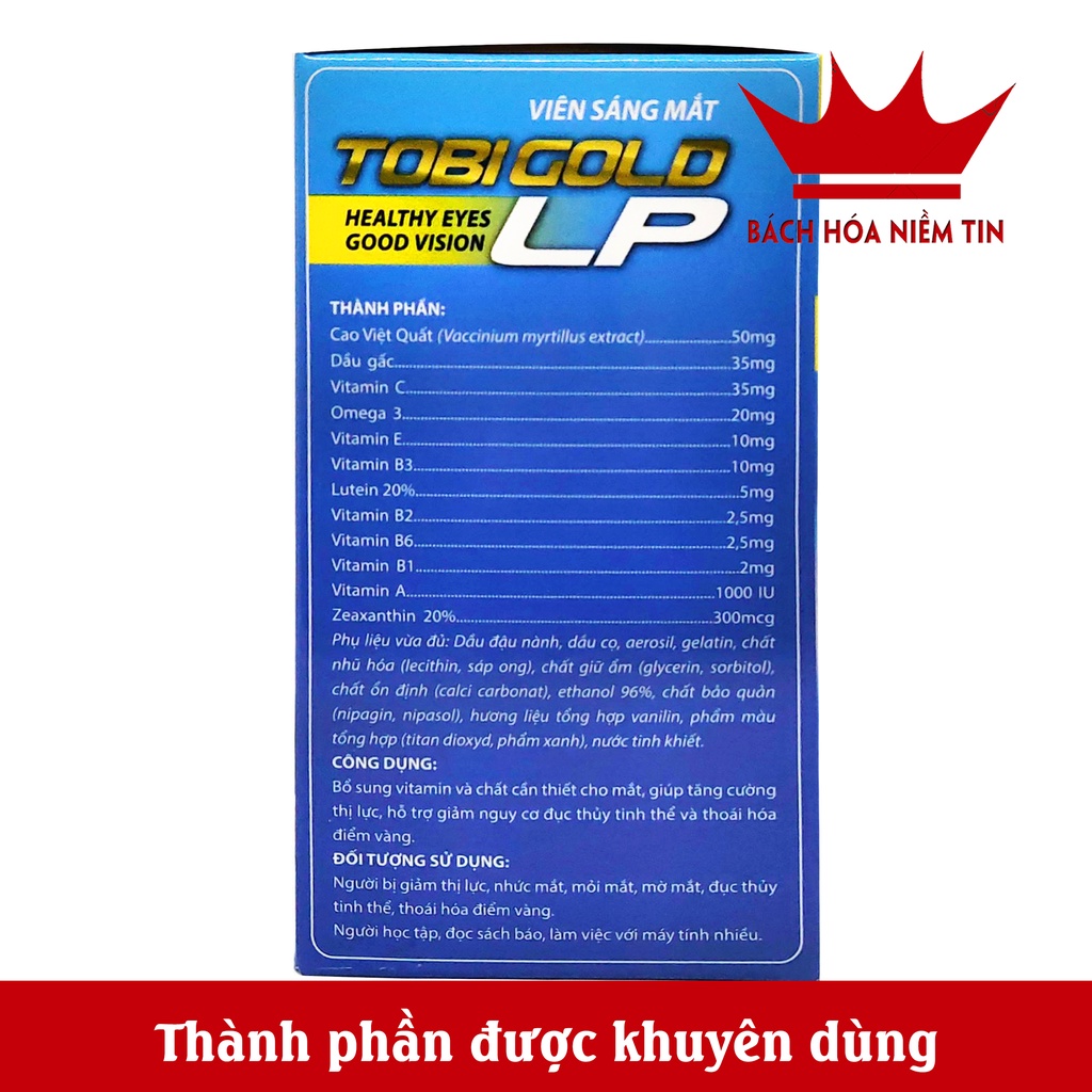 Viên uống Sáng Mắt TOBI GOLD LP - tăng cường thị lực, giảm nguy cơ đục thủy tinh thể thoái hóa điểm vàng - Hộp 60 viên