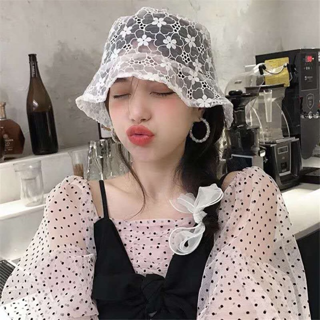 Mũ ren hoa 2 màu đen trắng đi biển tiểu thư - shopbelinh