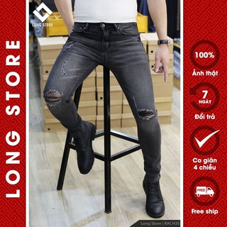 Quần jean nam đen xám rách gối cao cấp ống đứng dáng ôm skinny chất bò co giãn đẹp chuẩn Hàn Quốc Rach35