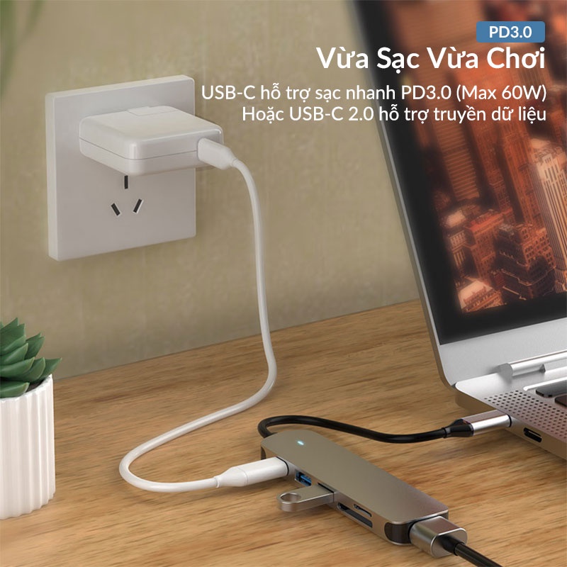 Hub Chuyển Đổi Type C 6 in 1 RETRO C605A Dùng Cho Macbook, iPad, Samsung, Xiaomi, Xuất Hình Ảnh 4K/30Hz, TF/SD Card