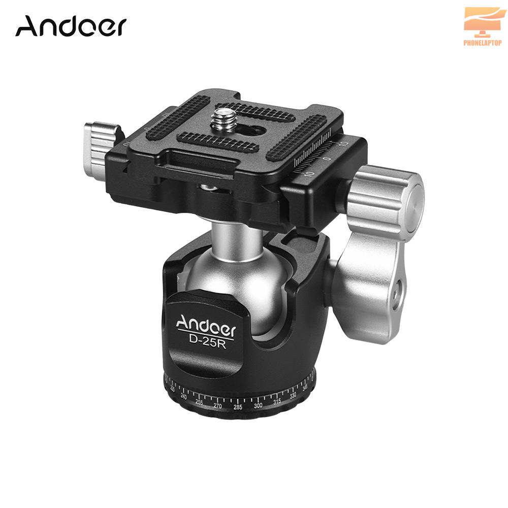 Andoer D-25R  CNC Machining Aluminum Alloy Double Notch Ball Head Mini Ballhead Low Center of Gravity for Manfrotto etc Tripod Monopod for Canon Nikon Sony DSLR ILDC Cameras Max Load Capacity 10kg