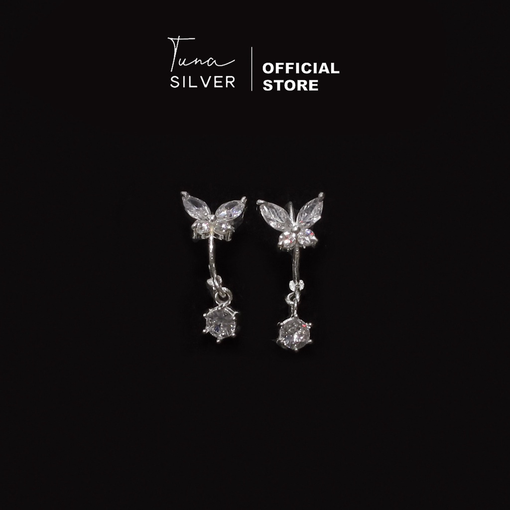 Khuyên tai bạc tròn đính đá, Hoa tai Bạc hồ điệp, Bông tai bạc nữ gắn đá TUNA SILVER 𝐂𝐚𝐦 𝐤𝐞̂́𝐭 𝐜𝐡𝐮𝐚̂̉𝐧 𝐁𝐚̣𝐜