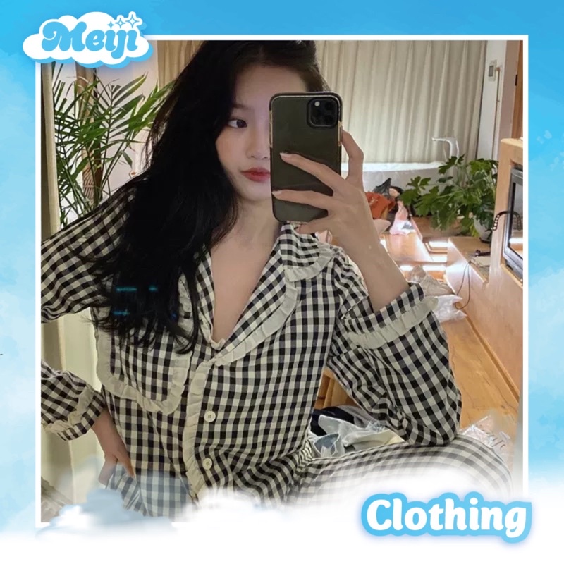 Bộ ngủ pijama nữ kẻ đen viền bèo đáng yêu