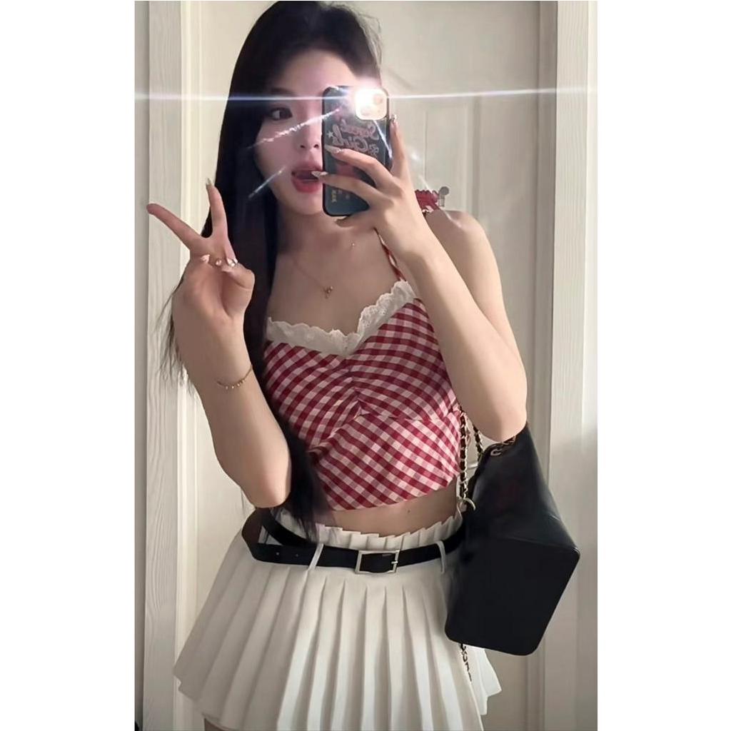Áo yếm croptop kẻ caro đỏ viền ngực trắng sexy mùa hè thời trang nữ Famos
