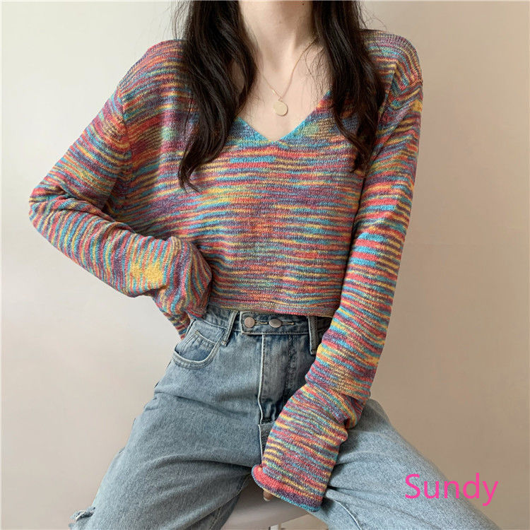 Áo Croptop Tay Dài Cổ V Màu Nhuộm Theo Phong Cách Hàn Quốc