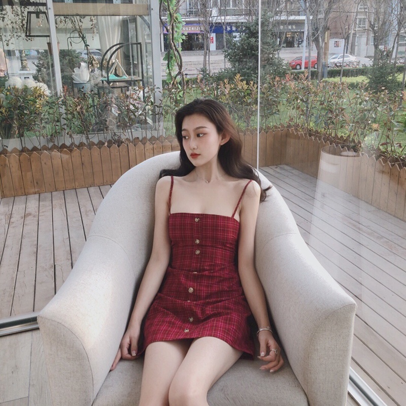 IELGY Đầm Hai Dây Dáng Ôm Eo Cao Họa Tiết Sọc Caro Thời Trang Cho Nữ