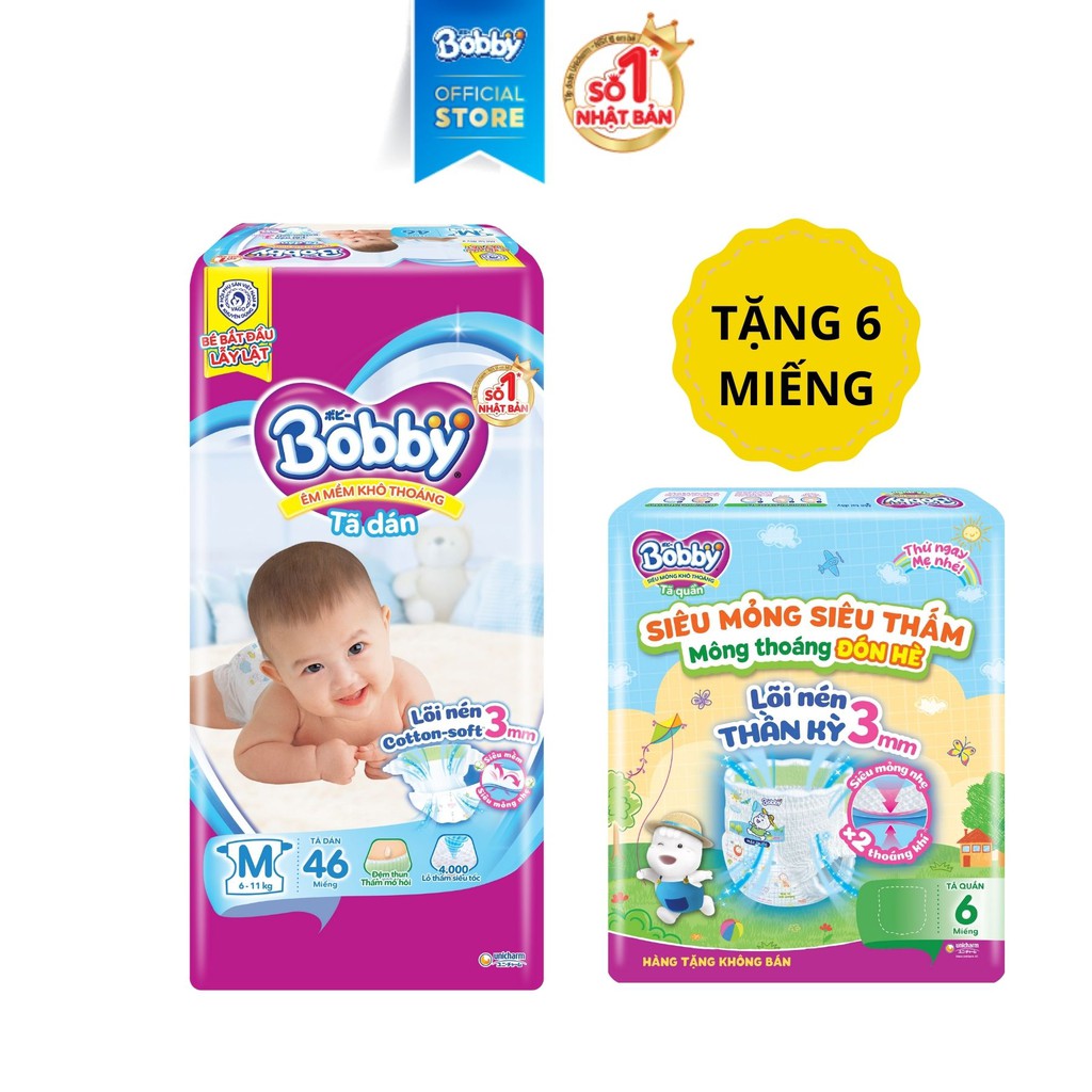 Tã dán Bobby Siêu thấm lõi nén Cotton soft 3mm M46 - Tặng 1 gói tã quần 6 miếng phiên bản mùa hè