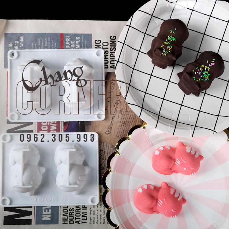 Khuôn nến thơm, khuôn pudding khuôn 3D dễ thương hình mèo 2 ô