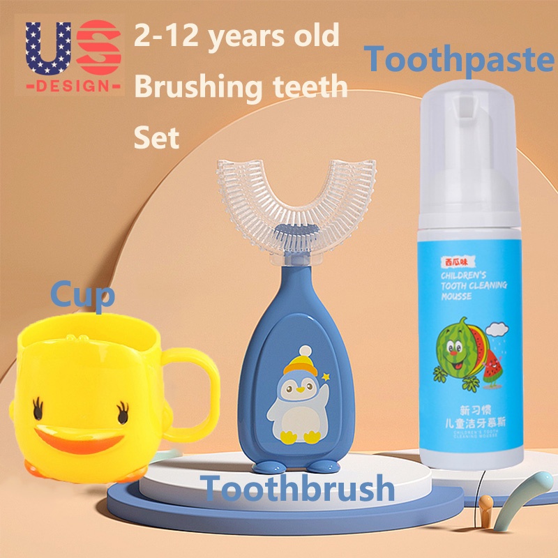 Set Cốc súc miệng hình vịt vàng/ Bàn chải đánh răng chữ U/ Kem đánh răng trái cây nhiều màu tùy chọn cho bé