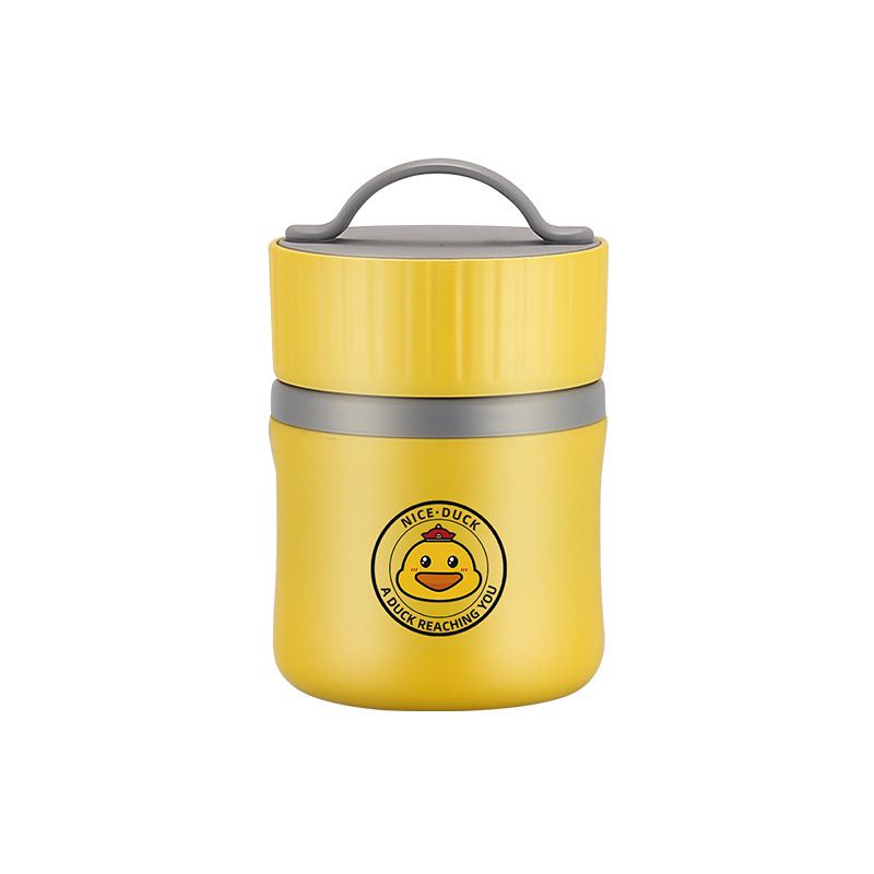 Ủ cháo vịt vàng lõi inox 304, loại lớn 600ml, tặng kèm muỗng, dùng ủ cháo cho bé, mang thức ăn đi học đi làm