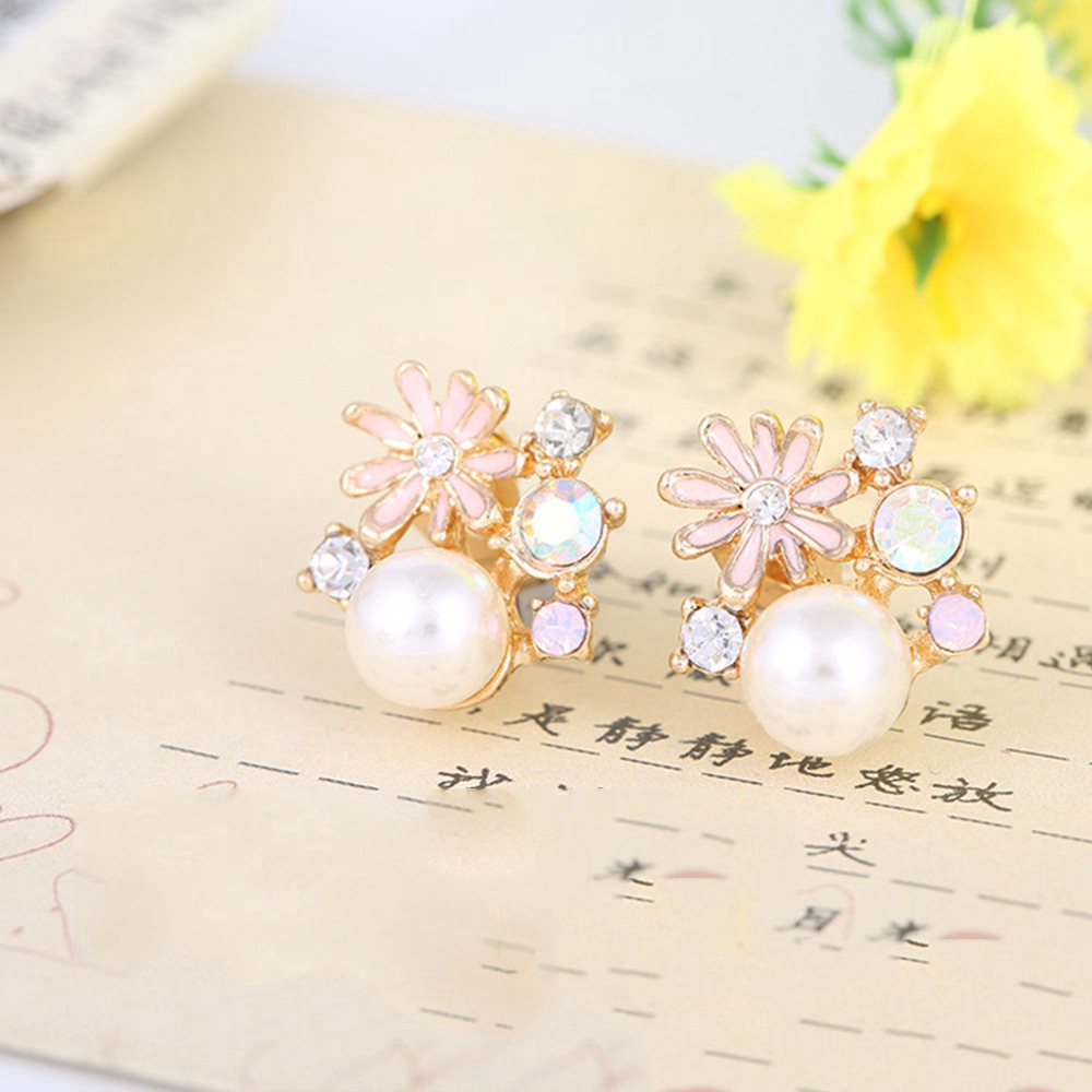 Khuyên kẹp vành tai hình hoa đính ngọc trai giả không xỏ lỗ phong cách Hàn Quốc