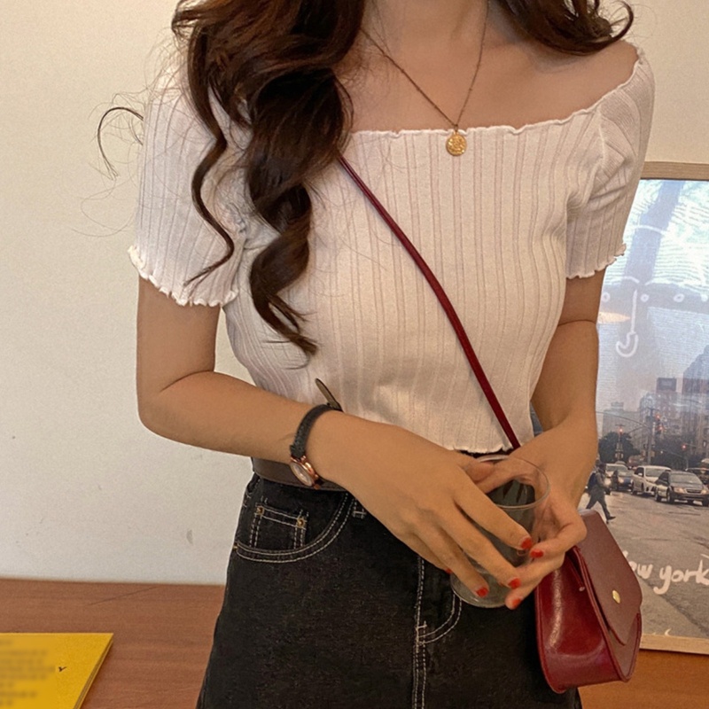 Áo Thun Dệt Kim Tay Ngắn Hở Vai Màu Trơn Thời Trang Mùa Hè Quyến Rũ Dành Cho Nữ
